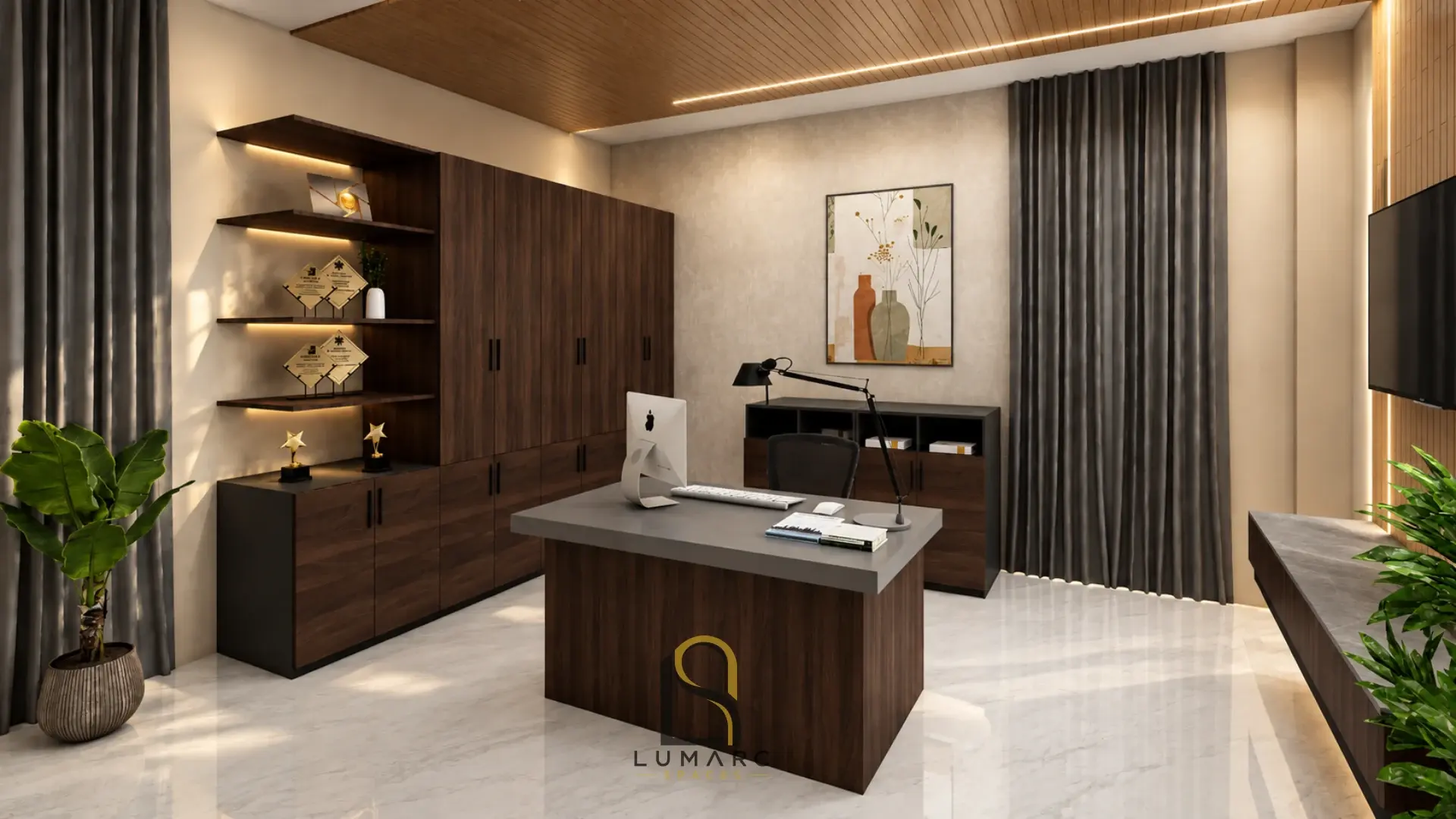 Lumarc Spaces office interior concept, with a timber desk and display shelving