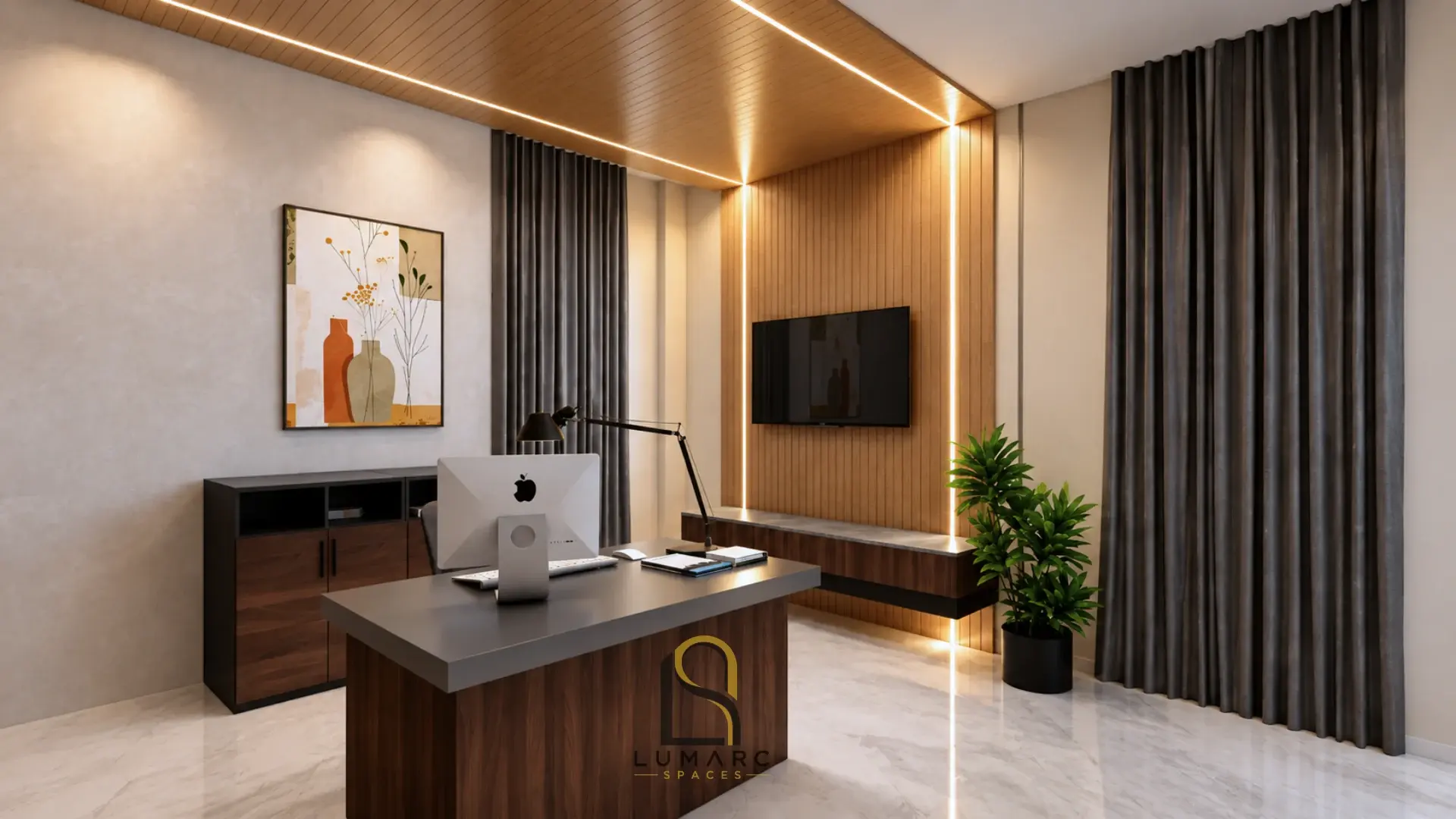 Office interior showing the desk, wall display and full-height curtains