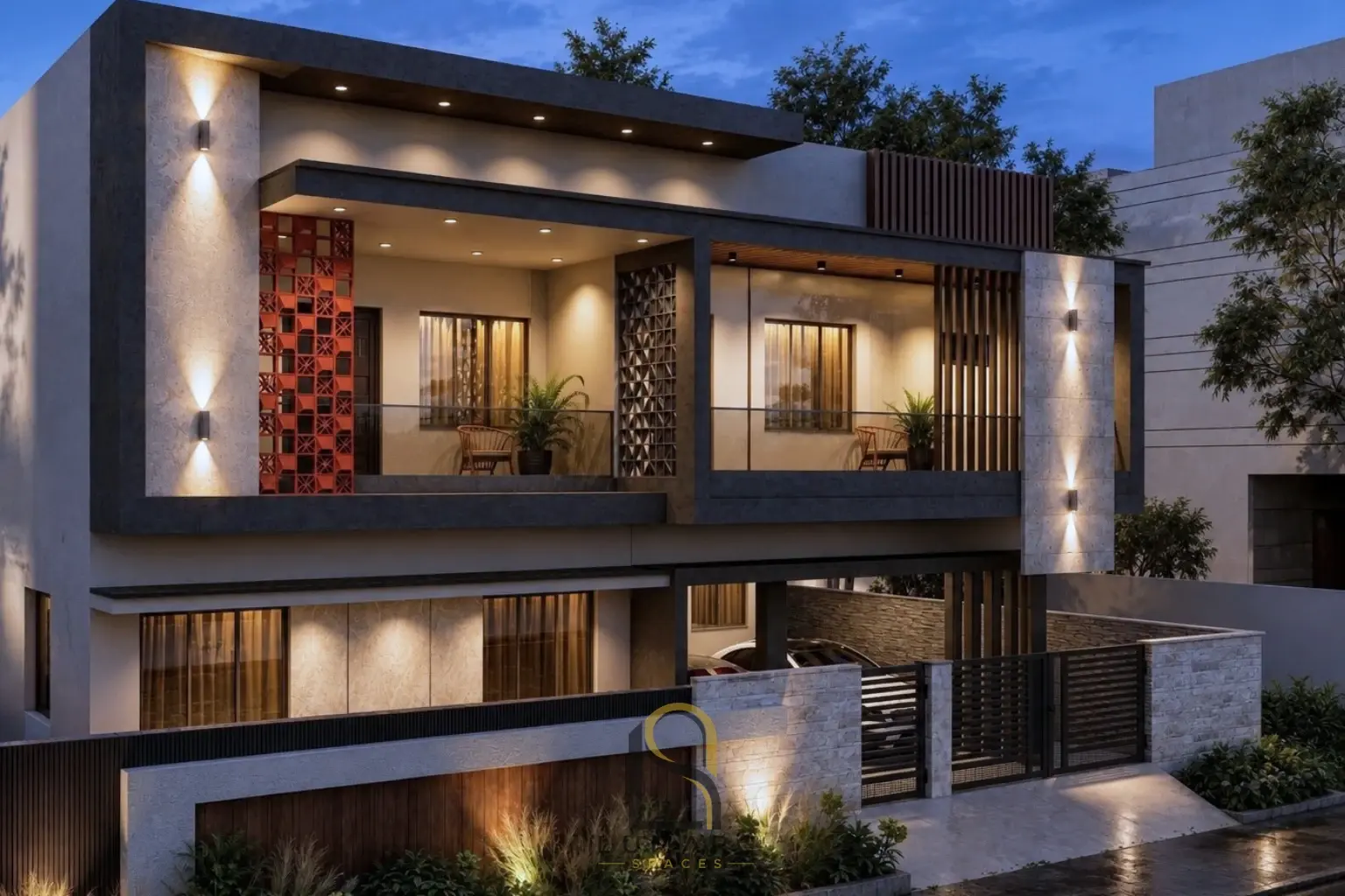 Angled visualisation of the residence showing facade materials and balcony details