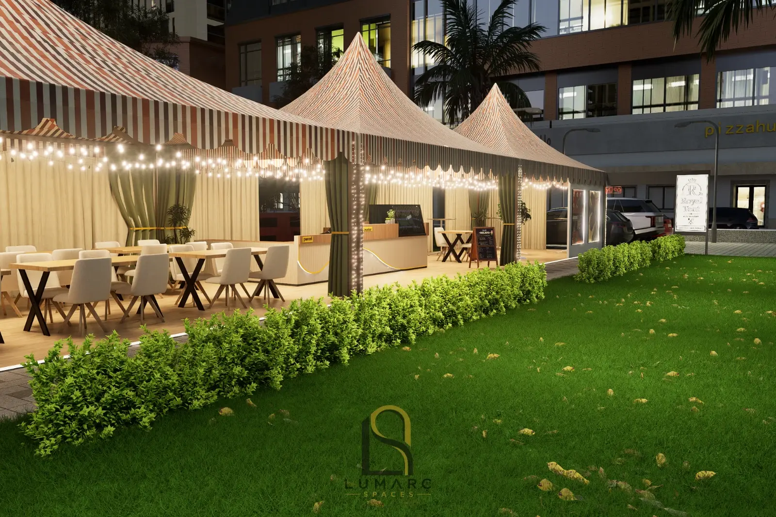 Royal Tent dining pavilion and landscaped lawn