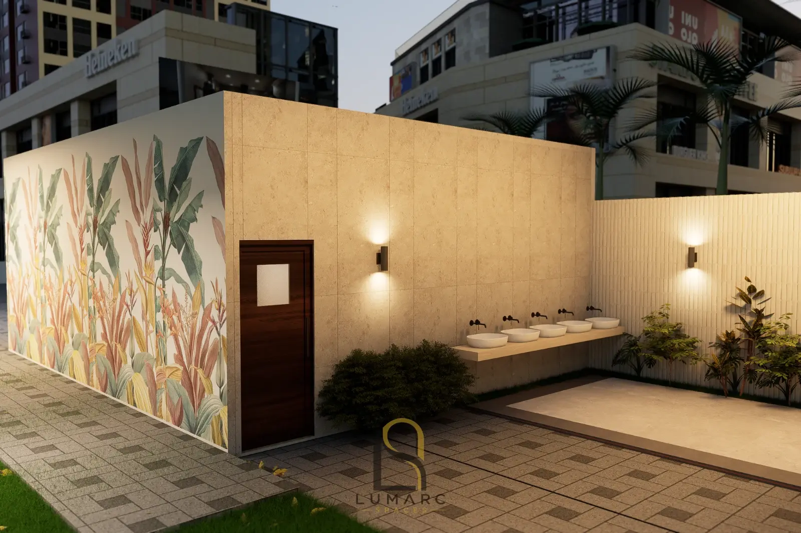 Exterior view of the wash area and mural