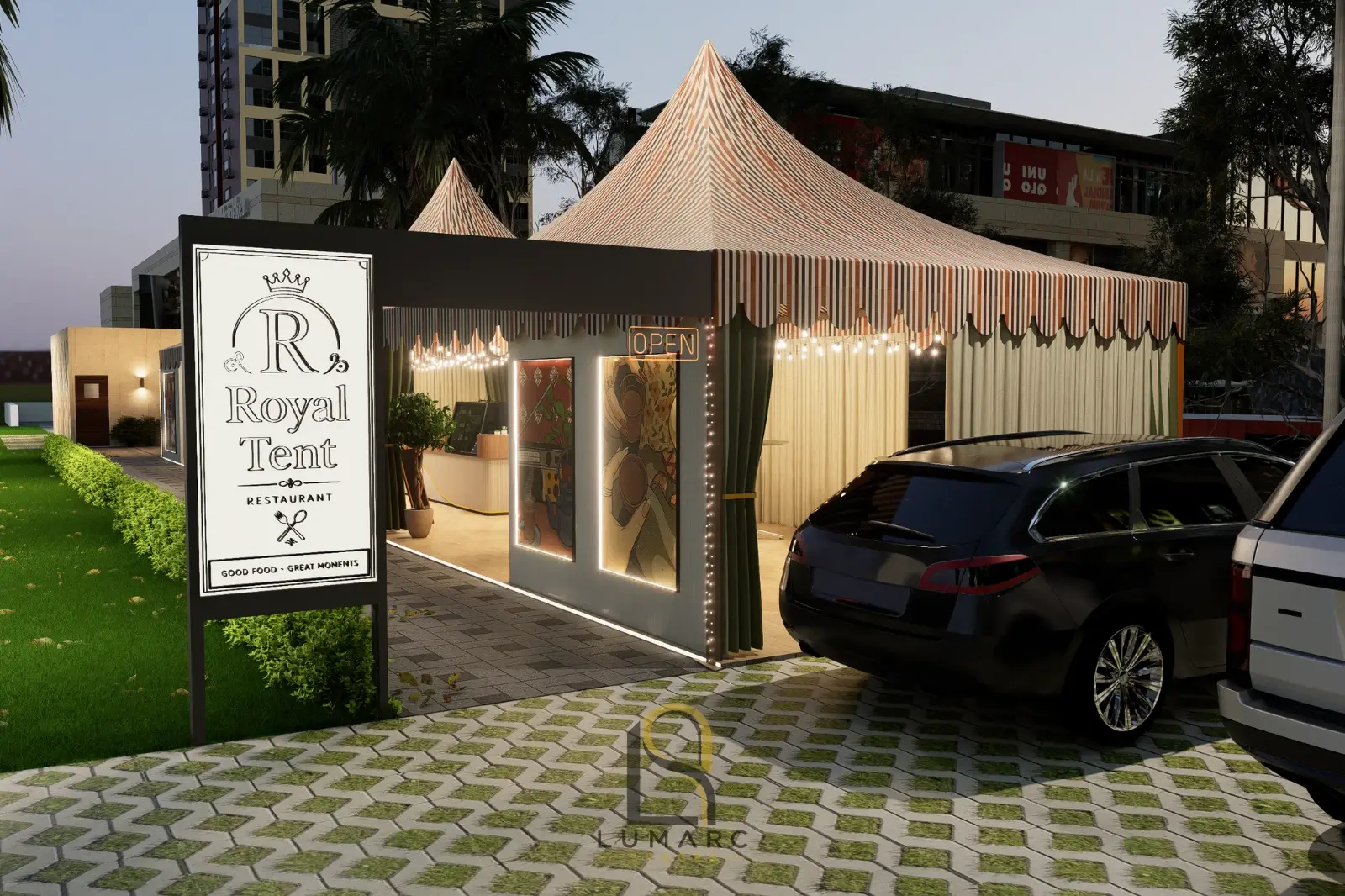 Royal Tent entrance signage and arrival area