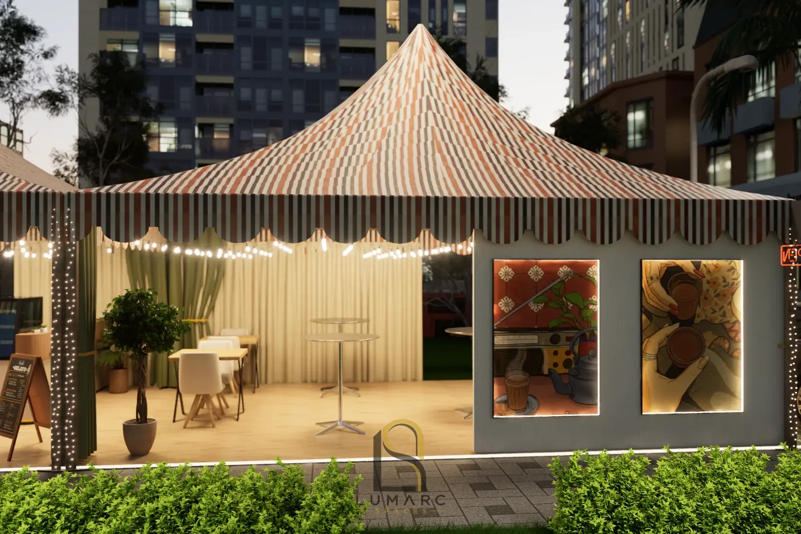Striped canopy and decorative facade panels