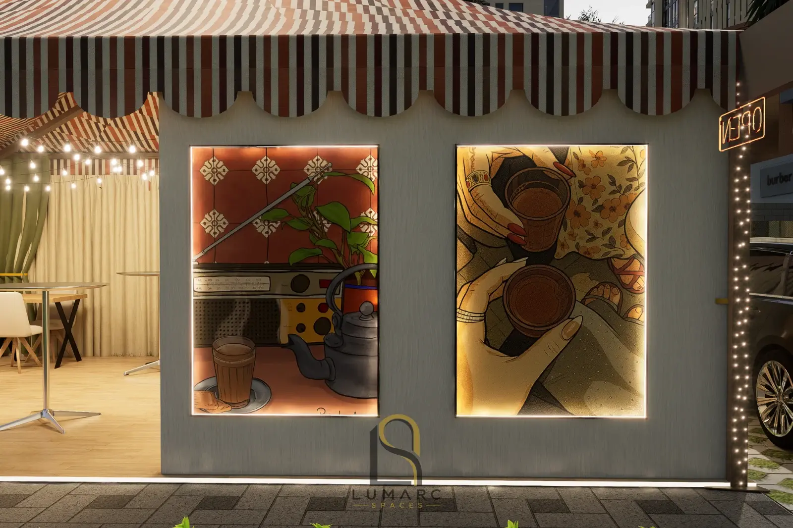 Illuminated artwork panels beside the dining space