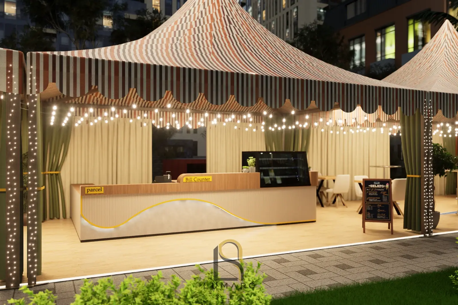 Service counter beneath the tent canopy