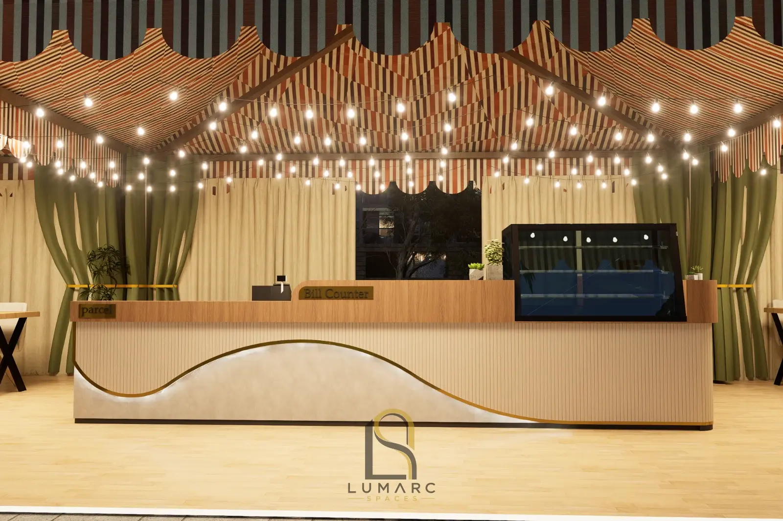 Curved service counter and suspended decorative lights