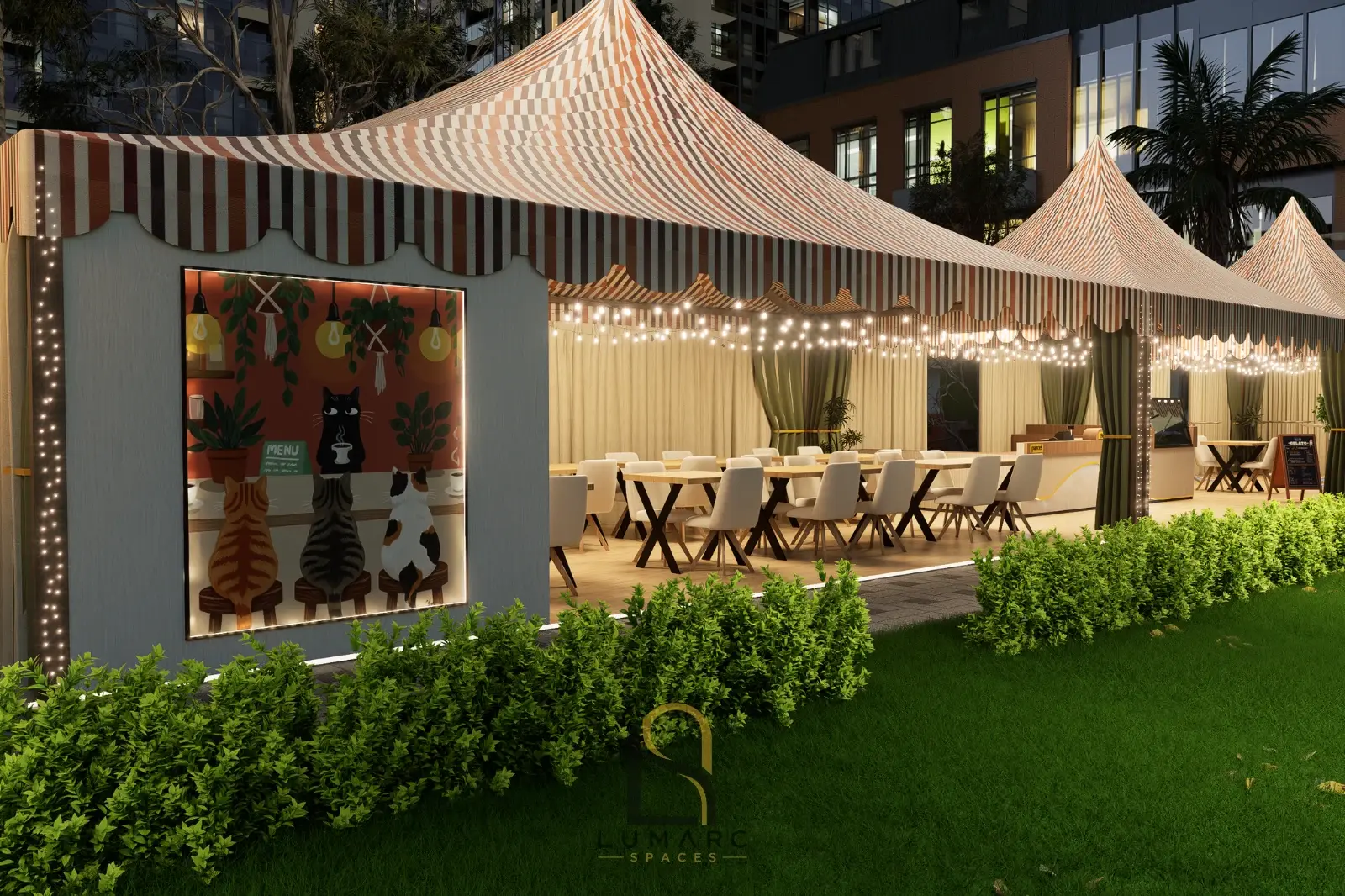 Side view of dining pavilion and planted border
